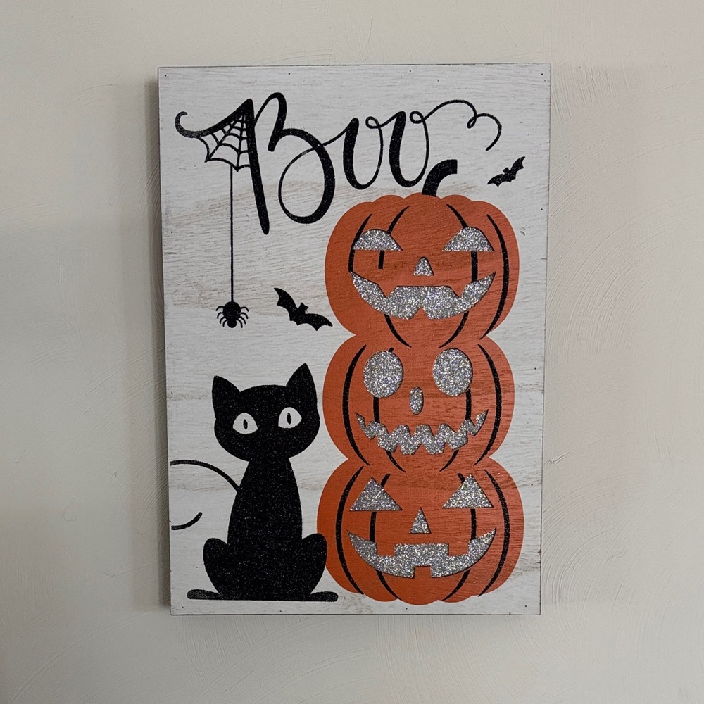 NEW Halloween Cat and Pumpkin Wall or Tabletop Art - Orange and Black